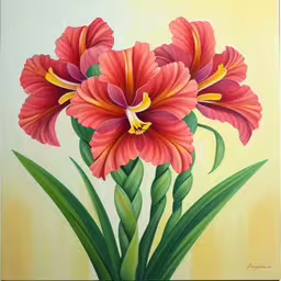 a large, red flower is on a light - yellow background,an oil painting of pink and yellow flowers,a painting of two red flowers in front of a yellow background,a painting of flowers in shades of red and yellow,a painting of a flower on a white background