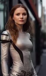 a woman with long hair and wearing a metallic suit posing for the camera