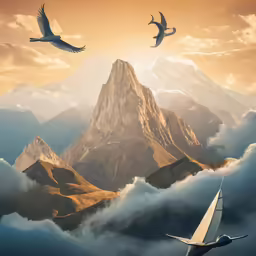 a painting shows a plane flying in the sky next to a mountain