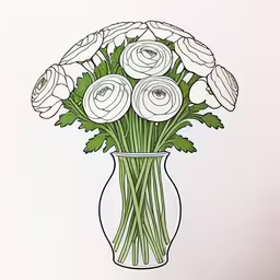 the vase of flowers is filled with green leaves,there is an illustration of flowers in a vase,some white flowers in a vase on a table,an ink drawing of flowers in a vase,a drawing of a vase filled with white flowers