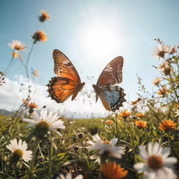 two butterflies flying through the air over flowers