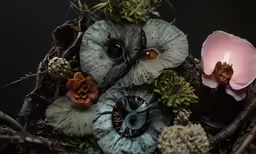 a bird sitting on top of a nest with flowers