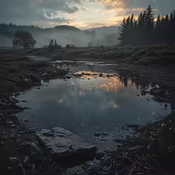 sunset at the edge of a river surrounded by land