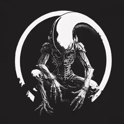 a black and white alien with large hands