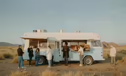 a group of people standing around a food truck
