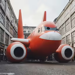 an orange and white airplane is parked in the middle of an alleyway