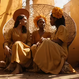 three people sitting next to each other in costume