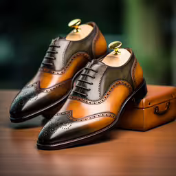 a pair of dress shoes on top of a wooden table,a pair of brown and black shoes sitting on top of an orange suitcase
