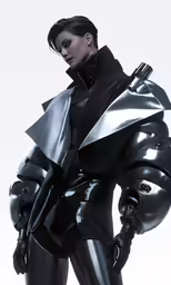a woman in black and silver attire with lots of black gloves