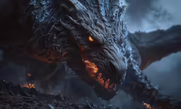 a dragon standing in front of dark clouds