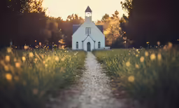 a path runs past a church in the sun