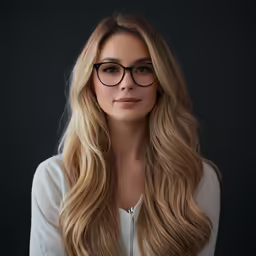 a beautiful young woman with glasses is posing for the camera