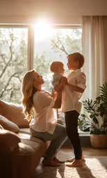 a woman holding a boy and smiling while the baby girl holds him in his arms