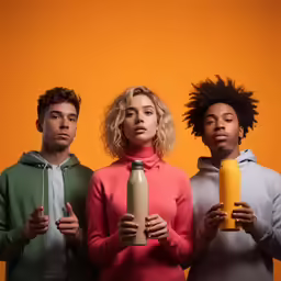 three people are holding plastic bottles of juice