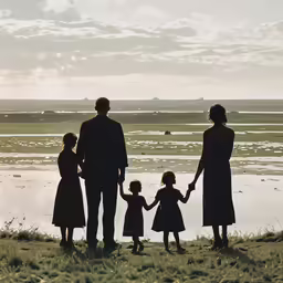the family is enjoying their time by the river