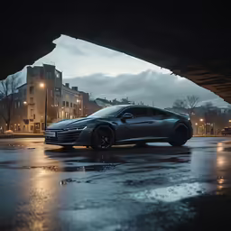 a silver car parked underneath a large bridge in the middle of a night time