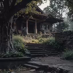 a stone path leading to the outside of a house