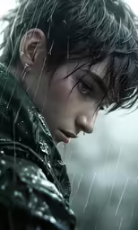 the character is wearing black leather clothing and holding a raindrop