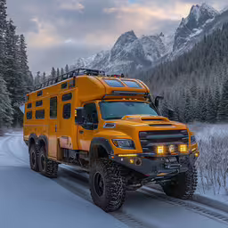 an orange vehicle travels down a snow covered road,a vehicle drives on snow covered road beside evergreen forest
