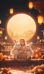 a girl with her bunny bunny dogs in a background of lanterns
