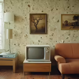 an old television is in the corner of a living room