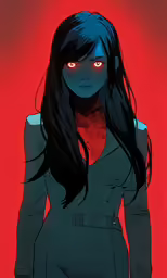 a female character standing in front of red background
