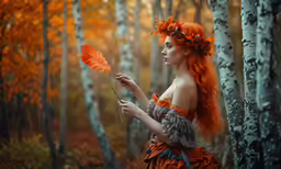 a girl in a dress holding a flower and standing near a forest