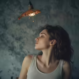a girl looking at something on the ceiling by herself
