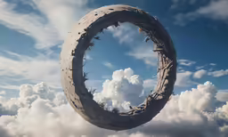 the sky is cloudy and a large circular object that is above clouds