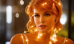 a woman with red hair has a glowing christmas light around her