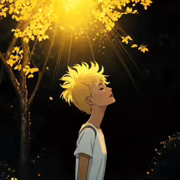 a boy standing in the sun behind a tree
