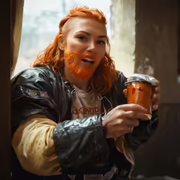 a person with a red beard and moustache is holding up a cup