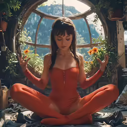a woman is sitting in the middle of the forest, with sunflowers behind her