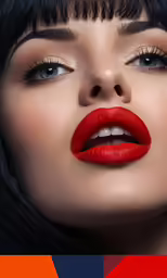 a woman with black hair, a bright red lipstick and a black bobble