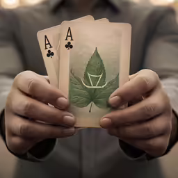 a man holds four playing cards that have green leaf designs on them