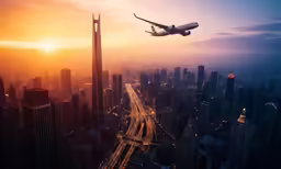 an airplane taking off from an airport flying through the air over a large city