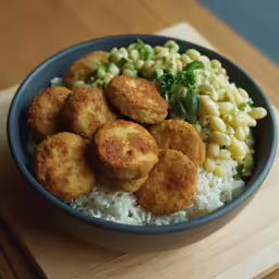 a plate of food that includes rice and corn