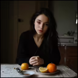 the girl has four oranges on the table