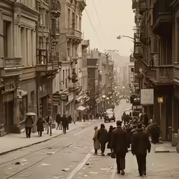 a city street filled with lots of people walking on it
