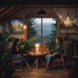 two women talking in chairs around a table