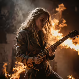 a young woman playing an electric guitar in front of flames