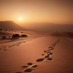 a photo of footprints on a desert at sunset