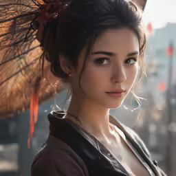 the woman wearing an umbrella has big lashes