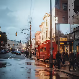 a red bus traveling down a wet street