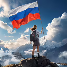a girl holding onto a flag on a mountain peak