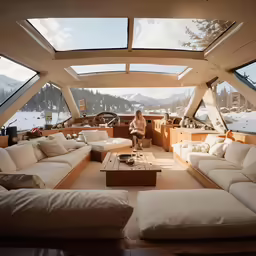 the inside of a yacht with large windows and couches