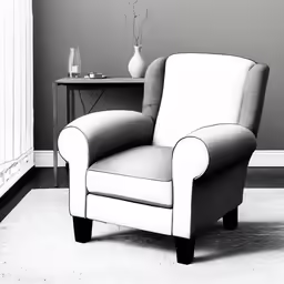 a living room with a gray chair near a table