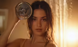 a woman looking in the mirror with water on her head