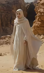 a woman in a desert with a white robe and a scarf
