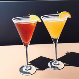 two glasses with different colored drinks sitting on top of a table